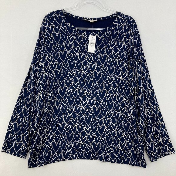 New LOFT size XL Navy White Heart Print Stretch Knit Novelty Long Sleeve Top - Picture 1 of 9